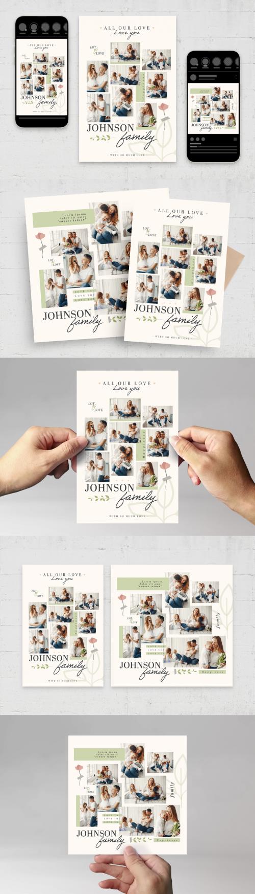Family Photo Collage Layout with Elegant Floral Illustrations