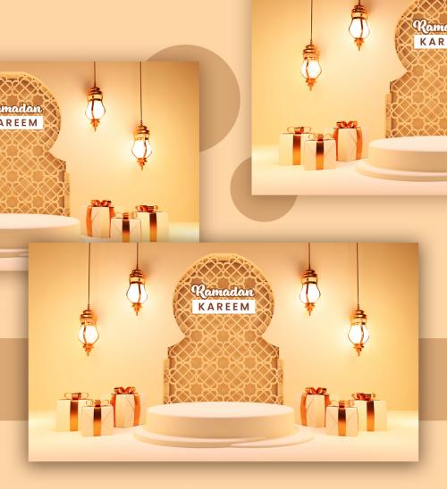 3D Render of Illuminated Arabic Lanterns with Podium for Your Product Display