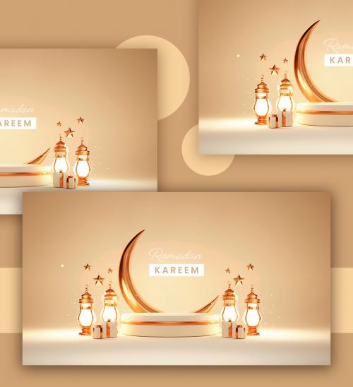 3D Render of a Golden Crescent Moon with Podium for Your Product Display
