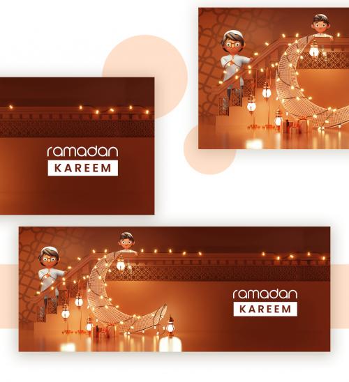 3D Character Rendering with Muslim Father and Son Ramadan Kareem Concept