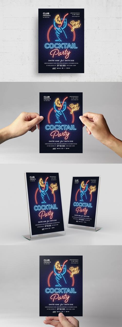 Neon Cocktail Party Happy Hour Flyer Poster Template
