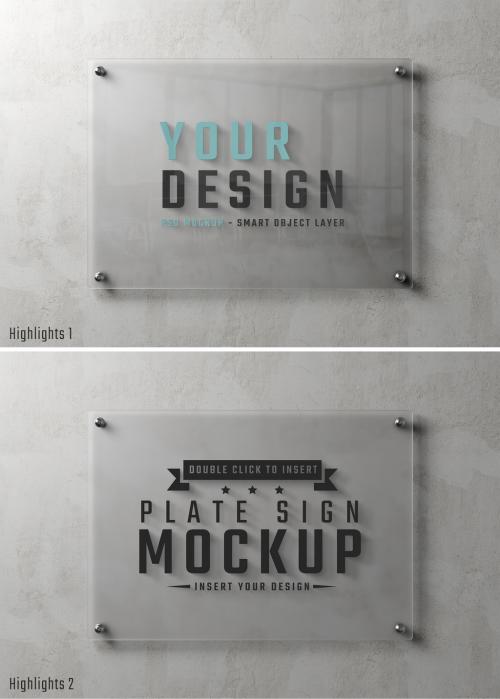 Glass Sign Plate on Concrete Wall Mockup