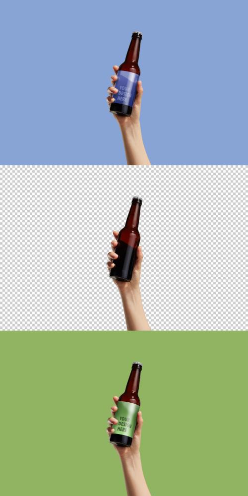 Hand Holding Beer Bottle Mockup with Transparent Background