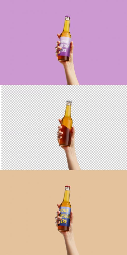Woman Holding Beer Bottle Mockup with Transparent Background