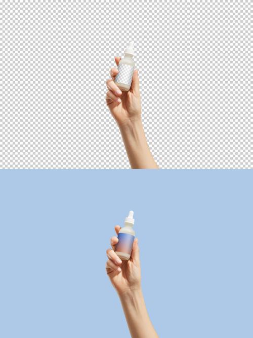 Hand Holding Bottle Dropper Mockup with Transparent Background