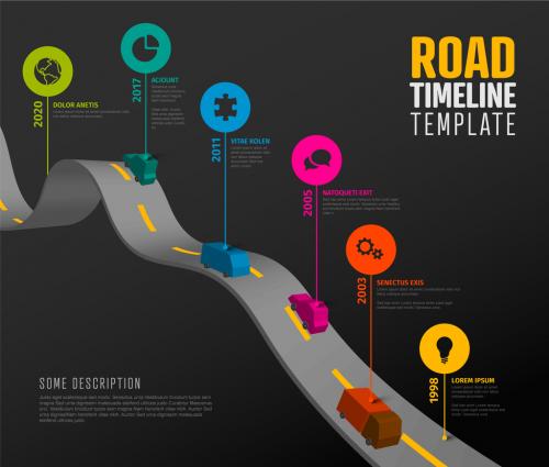 Infographic Dark Road Timeline Layout with Pointers and Simple Cars