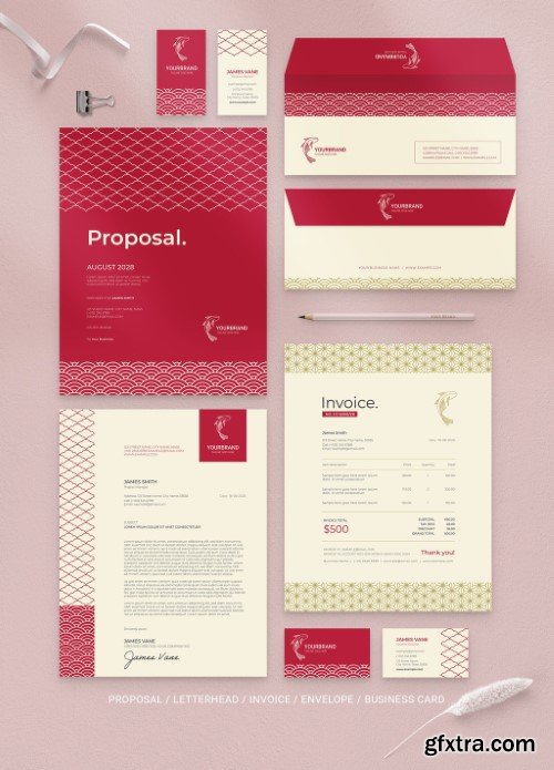 Red Branding Stationery Suite Layout with Patterns