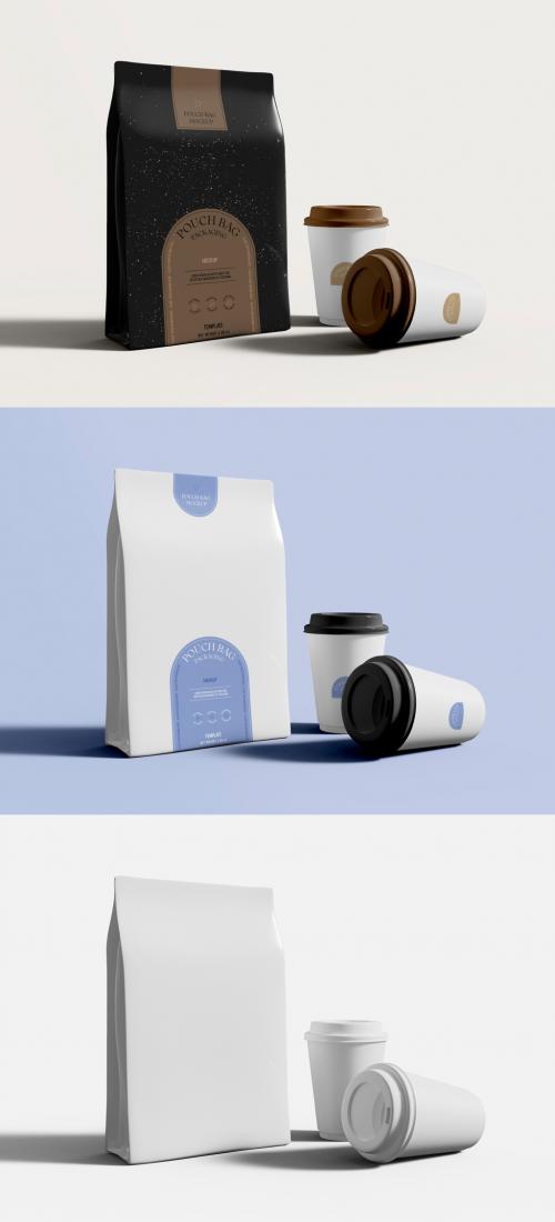 Coffee Pouch with Paper Cups Mockup