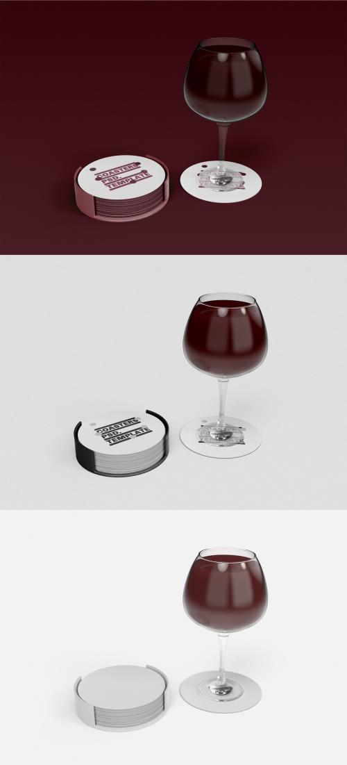 3D Wine Glass with Coasters Mockup