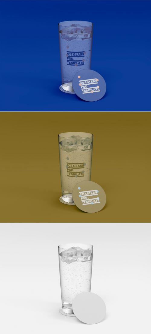 3D Glass with Rounded Coaster Mockup
