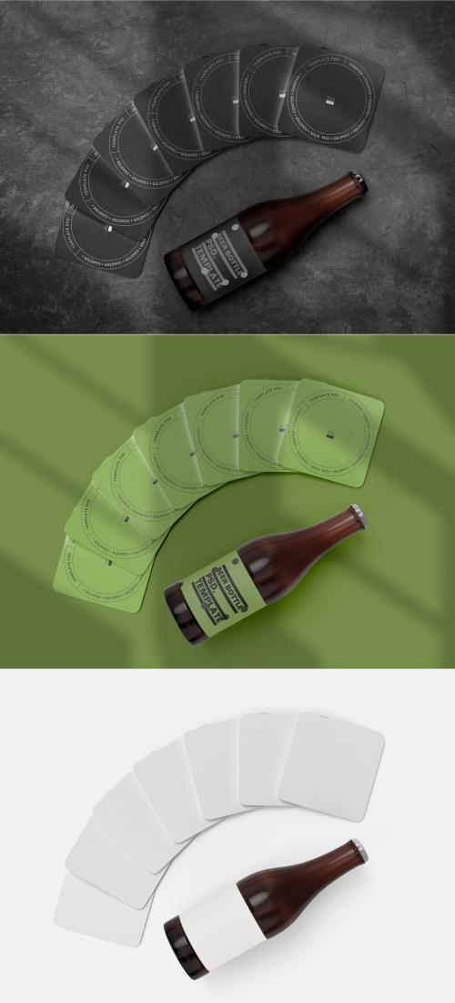 3D Beer Bottle with Coasters Mockup