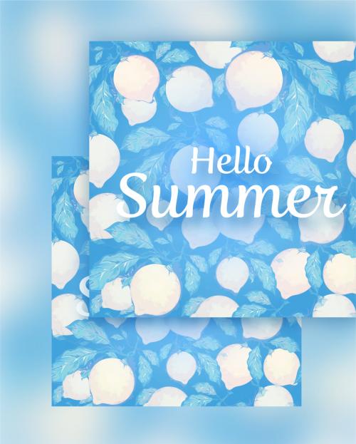 Hello Summer Font on Watercolor Effect Turnip with Leaves Seamless Pattern Blue Background