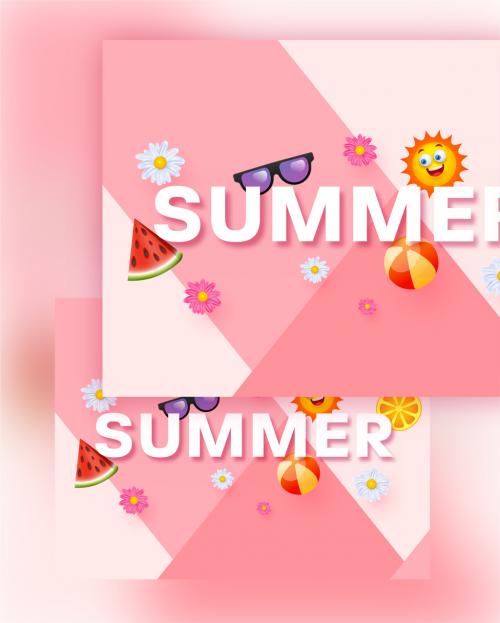 Paper Cut Summer Text with Cartoon Sun Fruit Slice Beach Ball Goggles and Flowers on Pink Background