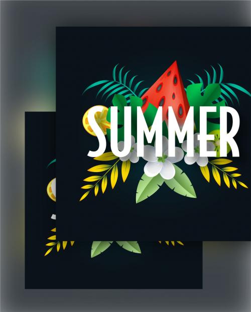 Paper Cut Summer Text with Tropical Leaves Flowers and Realistic Fruit on Black Background