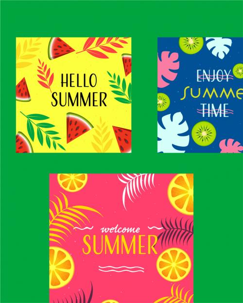 Set of Summertime Poster Design Decorated with Fruits and Tropical Leaves