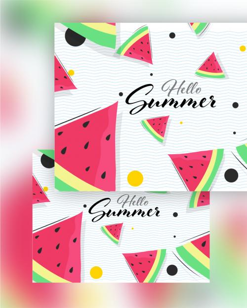 Hello Summer Font and Watermelon Slices Decorated on White Wave Line Background