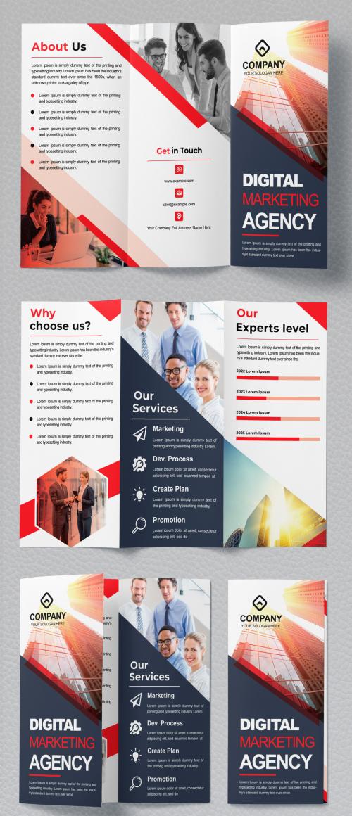 Trifold Brochure Layout with Red and Black Accents