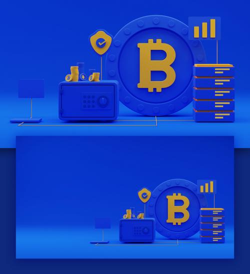 Render of a Virtual Bitcoin with Locker Virtual Coins Stack Security and Statics Elements