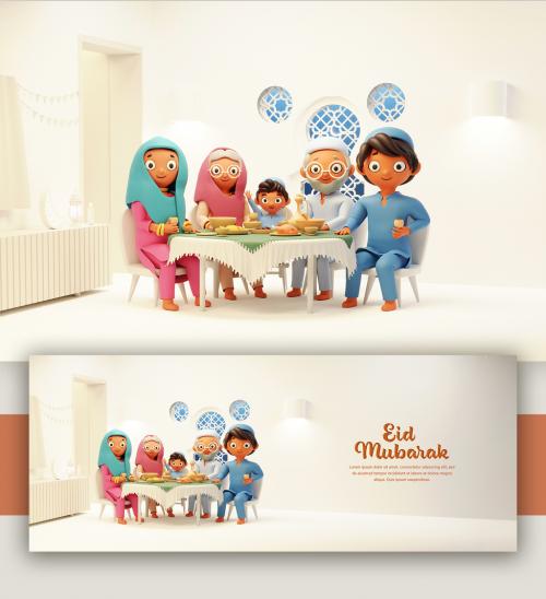 Render of a Muslim Family at Dinning Table for Iftar Eid Mubarak Concept