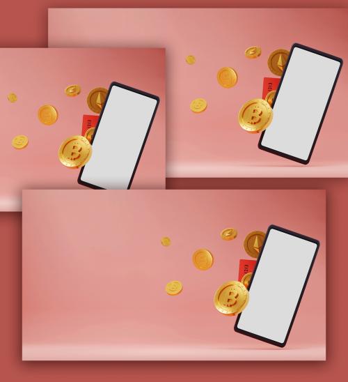 Render of Realistic Golden Crypto Coins Bitcoin Ether and Dollar with Mobile Mockup