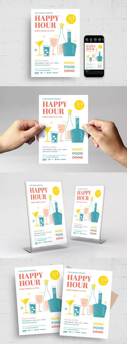 Retro Happy Hour Cocktail Bar Flyer Poster with Mid Century Style