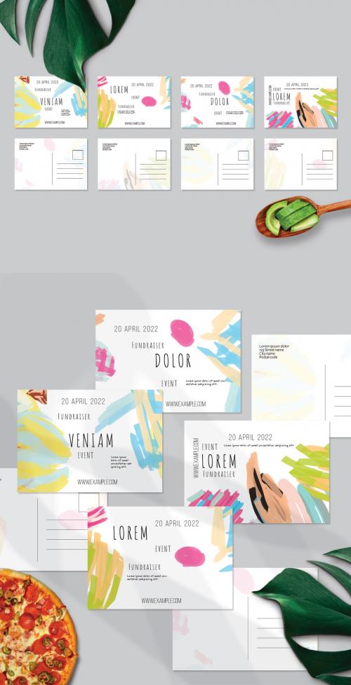 Postcard Layout with Bright Abstract Strokes for Universal Fundraiser Event