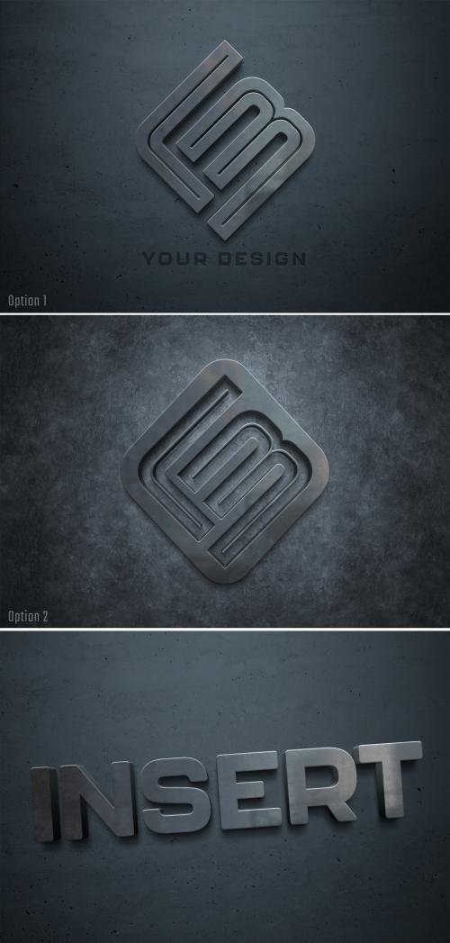 Metal Logo Mockup with 3D Effect on Dark Wall