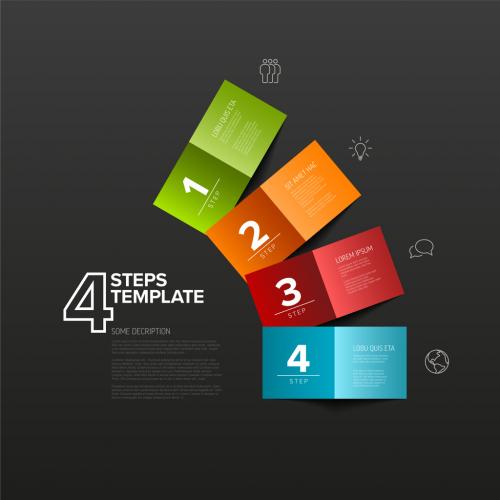 Four Simple Colorful Folded Paper Steps Process Infographic Template on Dark Background