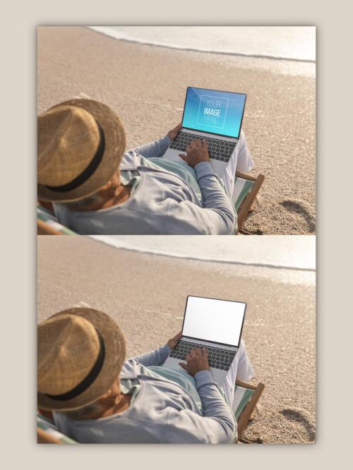 Man with Laptop on Beach Mockup