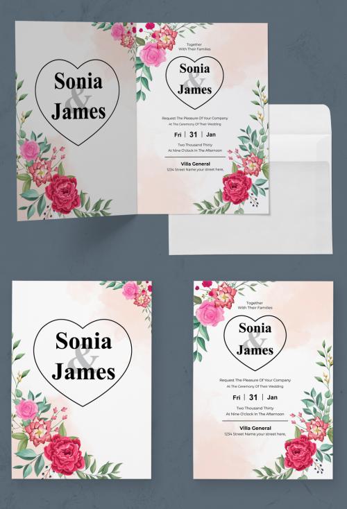 Wedding Invitation Card Layout with Red & Green Leaf