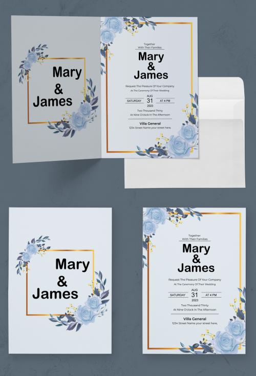 Wedding Invitation Card Layout with Watercolor Flowers
