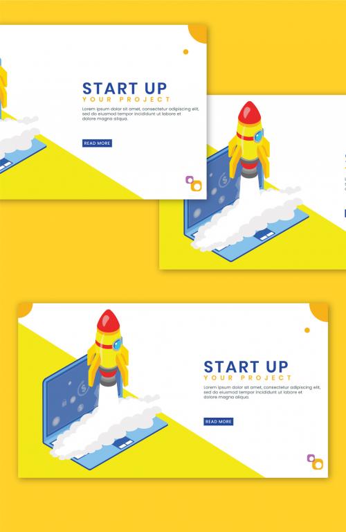 Landing Page Design Successful Launching a Project of Rocket from Laptop for Startup Concept