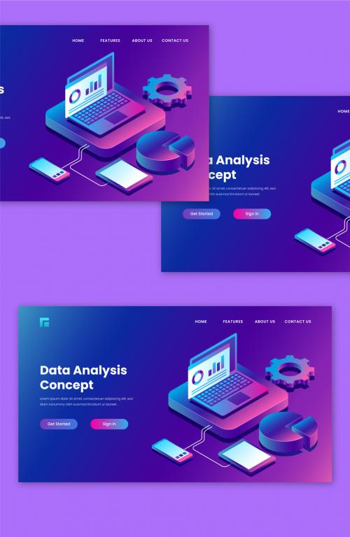 Data Analysis Concept Based Landing Page Design with Isometric Dashboard Laptop Connected Digital Devices and Pie Chart