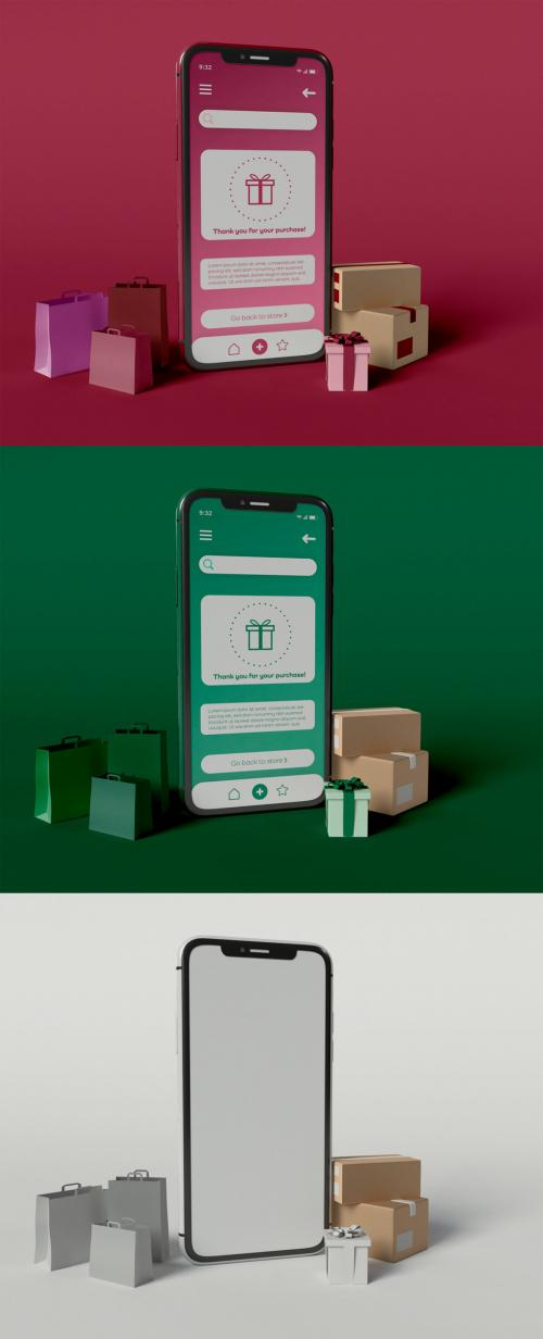 Smartphone with Shopping App and Gift Boxes Mockup