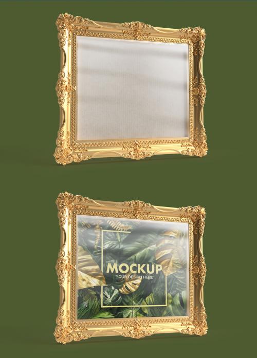 Simply Beautiful Gold and Ornamented Frame Mockup on a Green Background
