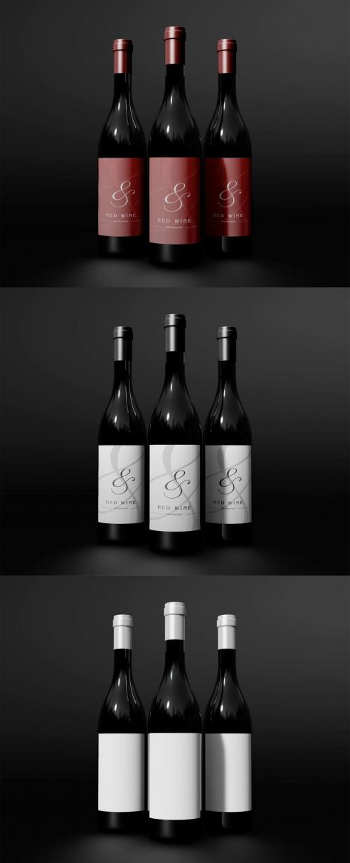 Front View of Three Wine Bottles Mockup
