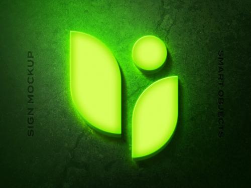 Green Neon Glowing Wall Sign Logo Mockup