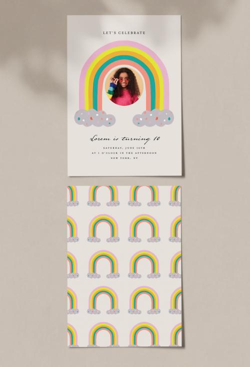 Photo Birthday Card Layout with Rainbow Illustration