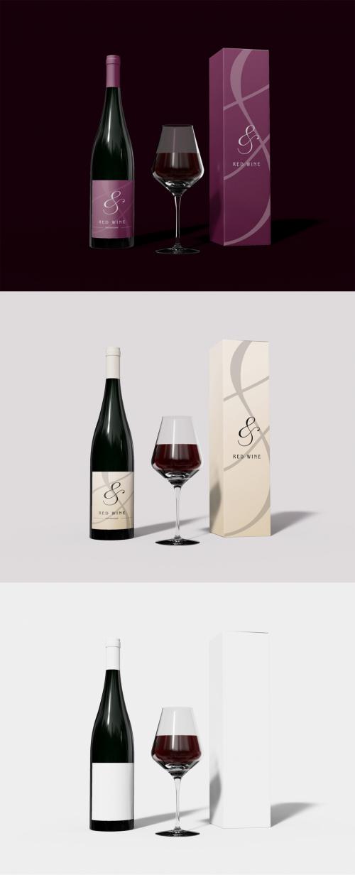 Wine Bottle with Cup and Box Mockup
