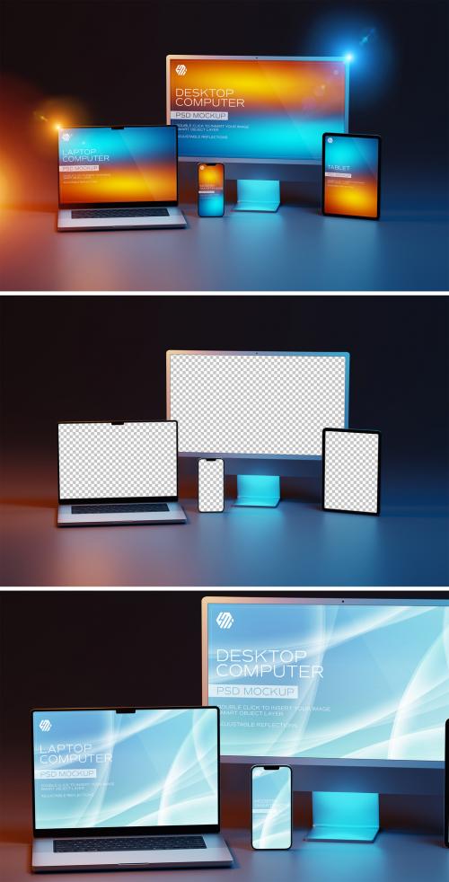 Devices Mockup with Smartphone Desktop Computer Laptop and Tablet