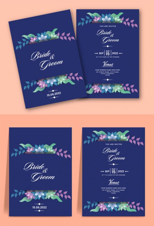 Paper Flower Decorated Blue Wedding Invitation Design