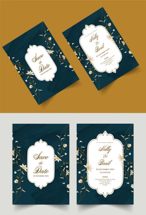 Golden and Blue Wedding Invitation Design with Beautiful Floral Decorations
