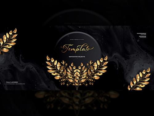 Isolated Gold Leaves Branches and Herbs on Dark Black Marble Background