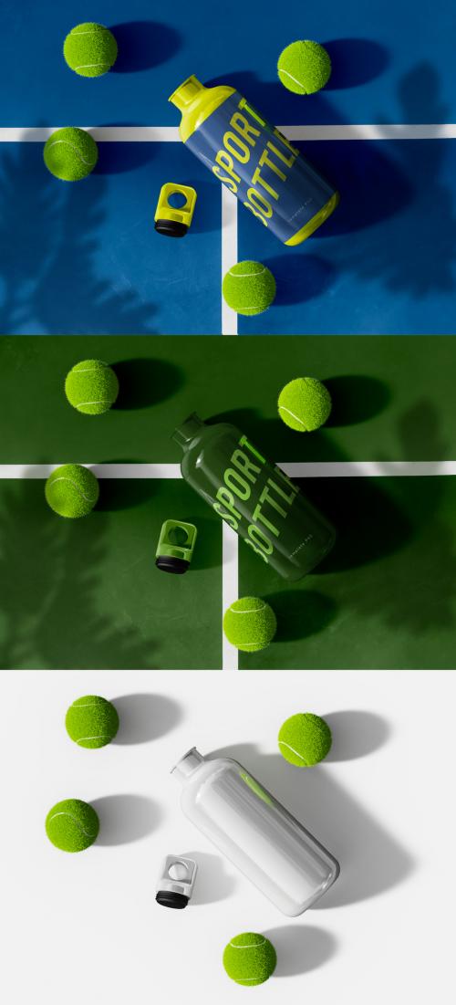 Open Aluminum Sport Bottle with Tennis Balls Mockup