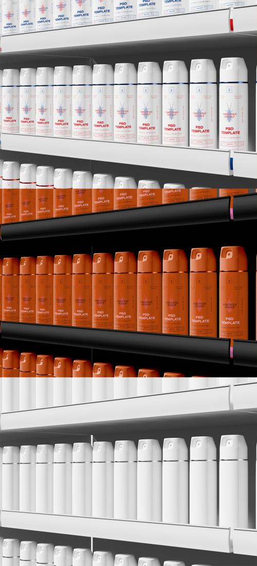 Store Shelf with Aerosol Bottles Mockup