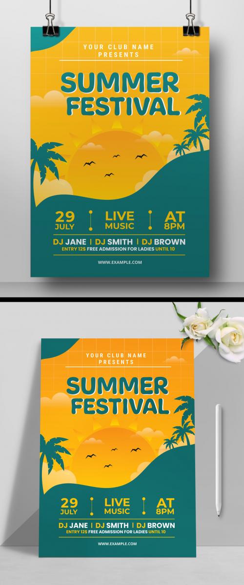 Summer Party Flyer Layout with Sunset Illustration