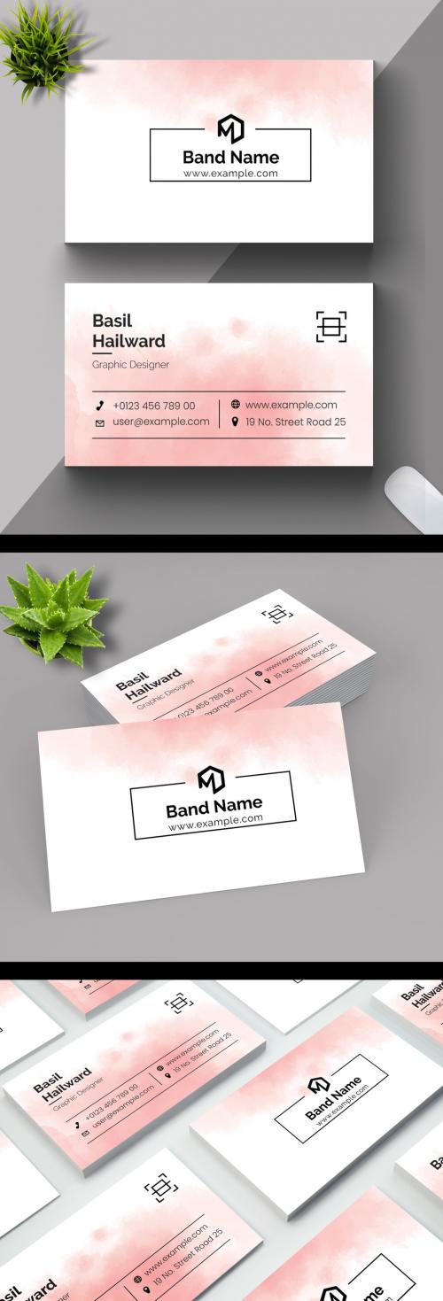 Business Card Layout with Pink Brush Stroke Illustration