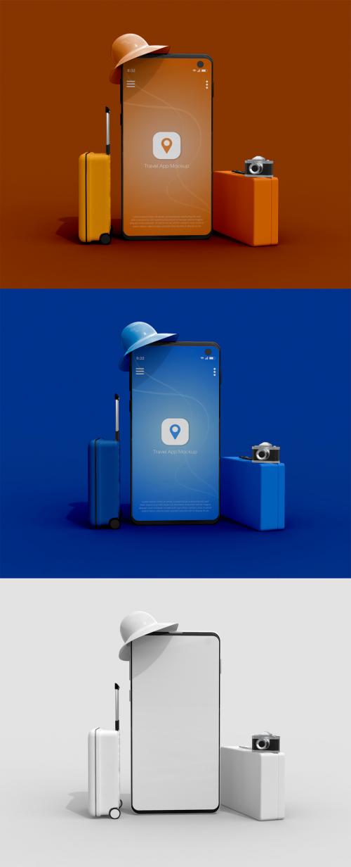 Suitcase and Hat with Smartphone Travel Concept Mockup