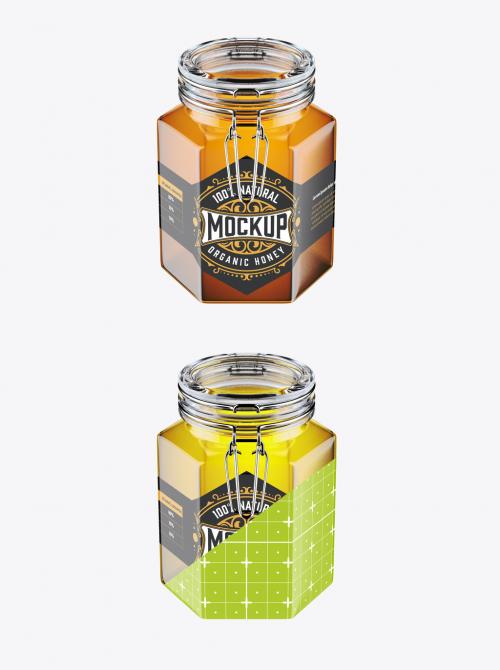 Hexagonal Honey Glass Jar with Classic Cap Mockup