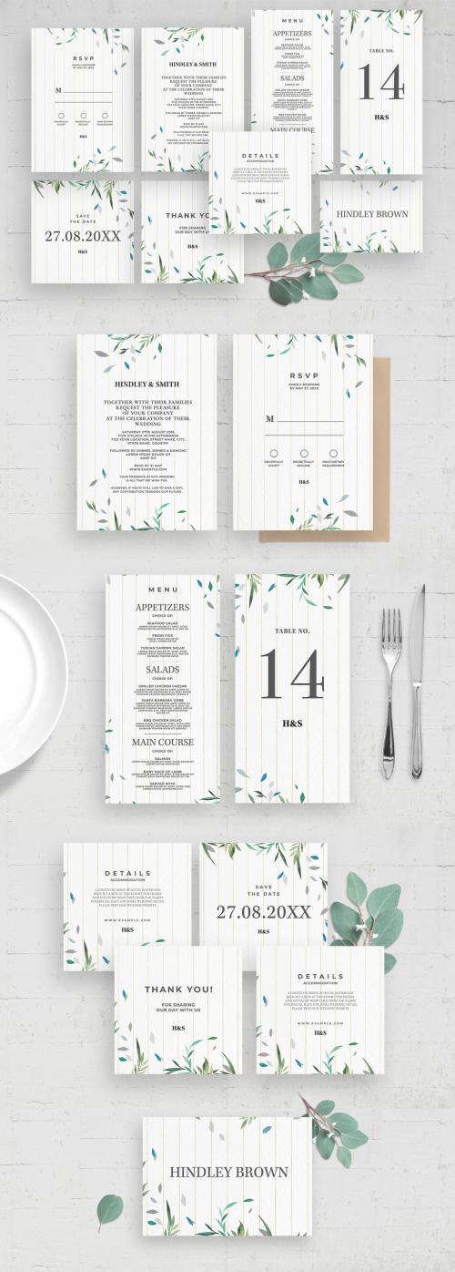Simple Wedding Invitation Stationery with Leaves & Paper Lines